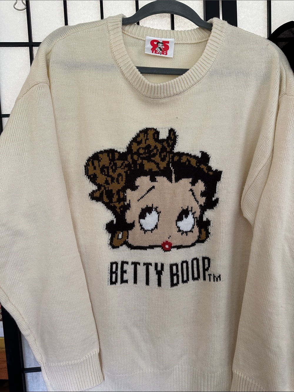 Betty Boop Cream Knit Sweater with Leopard-Bow Graphic